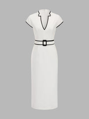 Contrast Trim Belted Pencil Midi Dress