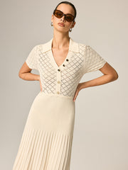 Polo Collar Hollow Knit Pleated Maxi Dress