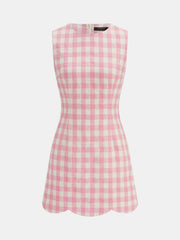 Gingham Scallop Hem Tweed Mini Dress