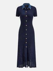 Denim Collar Ribbed Knit Maxi Dress