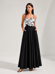 Contrast Flower Bust Pleated Swing Dress