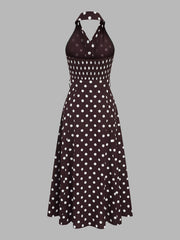 Polka Dot Halter Belted Cotton Linen Midi Dress