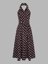 Polka Dot Halter Belted Cotton Linen Midi Dress