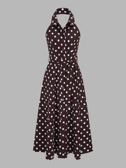 Polka Dot Halter Belted Cotton Linen Midi Dress