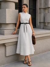Wrap Collar Striped Belted Midi Dress