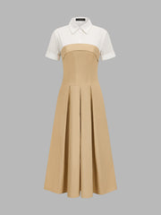 Fake Two Piece Shirt Collar Pleated Maxi Dress