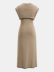 Tie Cape Contrast Trim Knit Midi Dress