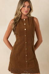 In Fine Detail Brown Corduroy Embroidered Mini Dress