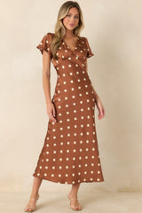 Forever Classic Brown Polka Dot Satin Midi Dress