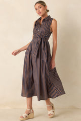Taking Shape Navy & Tan Striped Tie Front Cotton Midi Dress