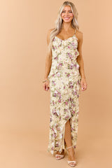Buttercream Floral Print Ruffle Mesh Lace Maxi Dress