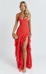 Maeve Maxi Dress - V Neck Ruffle Tier Slip Dress in Chilli