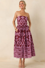 Painted Passage Wine & Orchid Pink Cotton Strapless Midi Dress