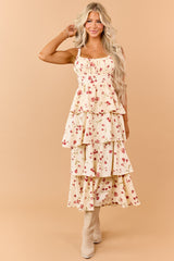 Cream Floral Print Tiered Ruffle Midi Dress