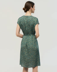 19 Momme Belted Silk A Line Dress in Verdant Dots