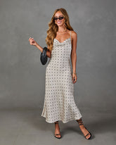 Gentle Arrival Satin Polka Dot Maxi Dress