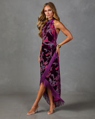 Quiet Bloom Velvet Floral Wrap Halter Neck Midi Dress