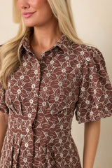 Consider It Done Brown & Ivory Floral Eyelet Cotton Midi Dress