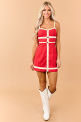 Lipstick Contrast Braided Trim Linen Blend Mini Dress