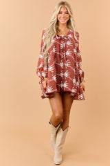 Marsala Floral Applique Embroidered Flowy Mini Dress