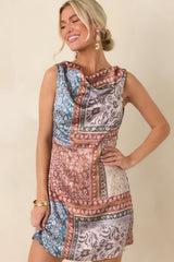 Looking Like a Yes Rust & Blue Scarf Print Cowl Neck Mini Dress