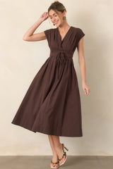 Gentle Reminders Brown Cotton Pleated V-Neck Midi Dress