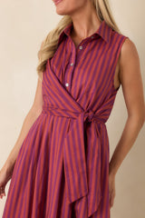 Taking Shape Plum & Burgundy Striped Tie Front Cotton Midi Dress
