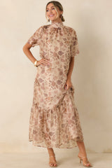 Whispered Intentions Ivory & Taupe Floral Tiered Maxi Dress