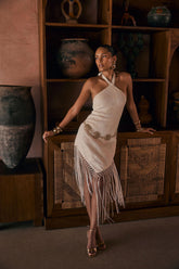Fontaine Ivory Jacquard Fringe Midi Dress