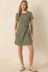 On Your Side Olive Stripe Tie Mini Dress