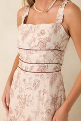Poetry in Print Ivory & Brown Floral Ruffle Strap Maxi Dress