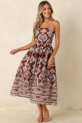 Painted Passage Chocolate & Ivory Cotton Strapless Midi Dress