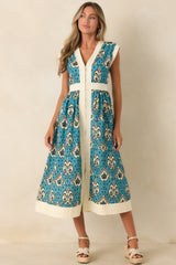 In the Studio Teal & Ivory Ikat Print Cotton Midi Dress