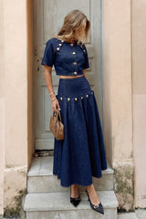 Denim Metallic Button Short Sleeve Top And Tie-Up Skirt Set