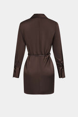 Satin Stand Collar Belted Long Sleeve Mini Dress