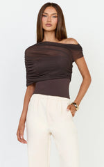 Sophia Top - Draped One Shoulder Mesh Overlay Top in Chocolate