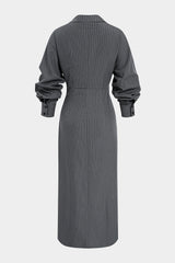 Stripes Print V-Neck Ruched Long Sleeve Maxi Dress