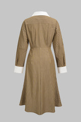 Contrast Stripes Print Asymmetrical Ruched Long Sleeve Midi Dress