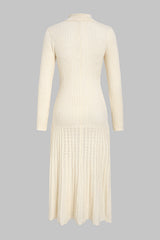 Knit Lapel Metallic Button Ribbed Long Sleeve Maxi Dress