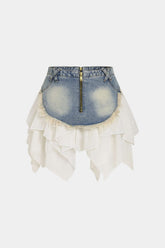 Denim Patchwork Chiffon Irregular Hem Frayed Skirt
