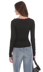 Lace Trim Long Sleeve Top in Black