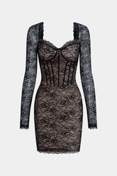 Lace V-Neck Corset Backless Long Sleeve Mini Dress