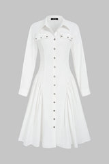 Lapel Fake Pocket Button Long Sleeve Midi Dress