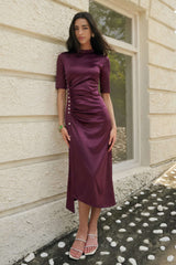 Satin Metallic Button Ruched Short Sleeve Midi Dress