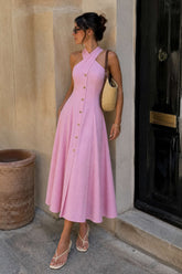 Halter Neck Metallic Button Tie-Up Sleeveless Maxi Dress