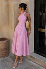 Halter Neck Metallic Button Tie-Up Sleeveless Maxi Dress