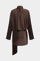 Satin Asymmetrical Tie-Up Long Sleeve Mini Dress