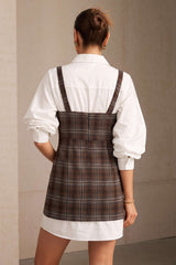 Solid Long Sleeve Shirt And Plaid Print Mini Dress Set