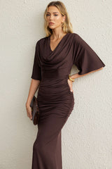 Draped Cowl Neck Short Sleeve Maxi Dress