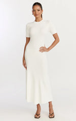 Lanie Midi Dress - Knitted Crew Neck Short Sleeve Dress in Cream